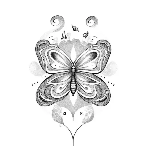 A serene outdoor landscape with a butterfly transforming into a music note tattoo design idea