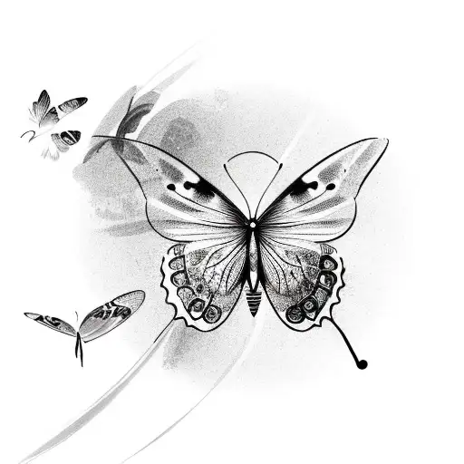 A serene outdoor landscape with a butterfly transforming into a music note tattoo design idea