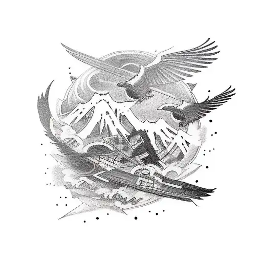 japanese war with ravens flying in the sky with a big bloody flag in the middle tattoo design idea