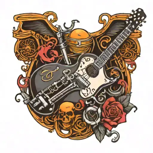 music themed tattoo that includes a guitar and a harley davidson motorcycle tattoo design idea