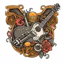 music themed tattoo that includes a guitar and a harley davidson motorcycle tattoo design idea