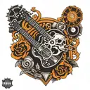 music themed tattoo that includes a guitar and a harley davidson motorcycle tattoo design idea