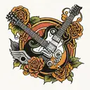 music themed tattoo that includes a guitar and a harley davidson motorcycle tattoo design idea