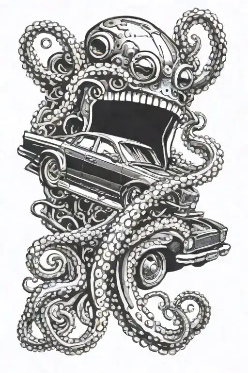 octopus with car parts ripping out of tentacles   tattoo design idea