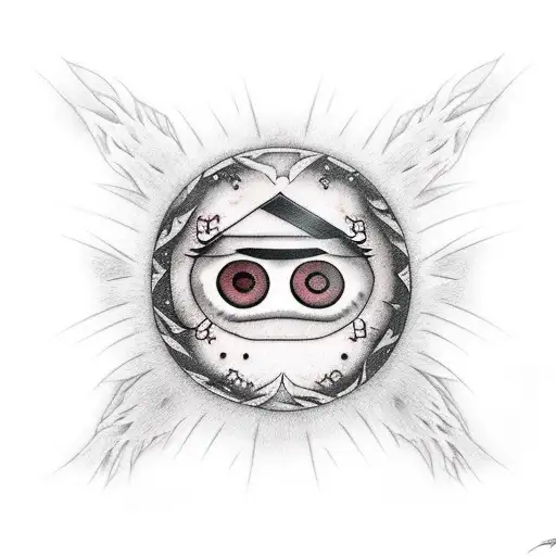A realistic portrait of Itachi with his Sharingan reflected in his eyes, against a backdrop of stars tattoo design idea