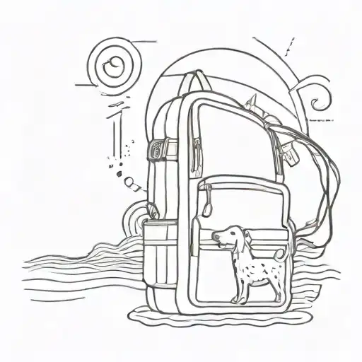 beach waves and sun with dog, musical notes and red jansport backpack tattoo design idea