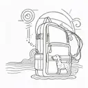 beach waves and sun with dog, musical notes and red jansport backpack tattoo design idea