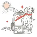 beach waves and sun with dog, musical notes and red jansport backpack tattoo design idea