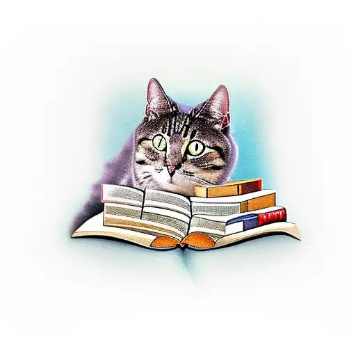 Cat playing piano with books and coffee tattoo design idea