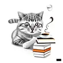 Cat playing piano with books and coffee tattoo design idea