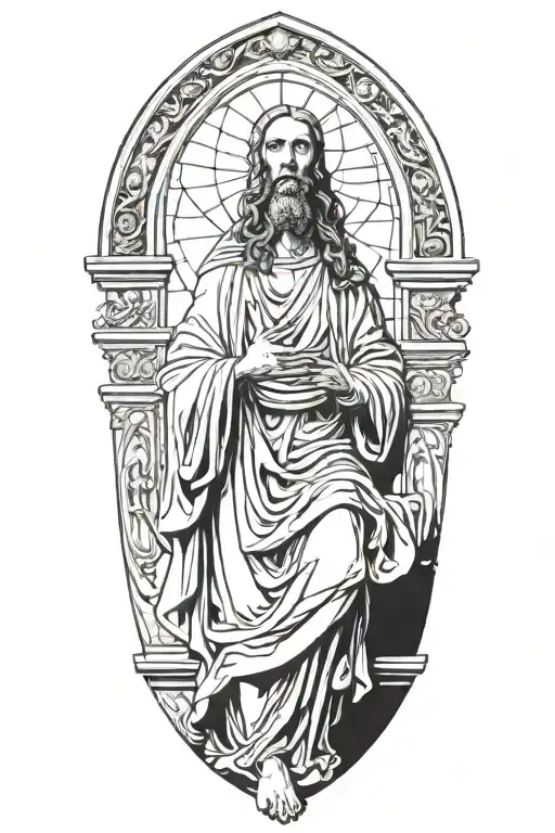 a full marble statue of Jesus Christ, under a gothic arch tattoo design idea