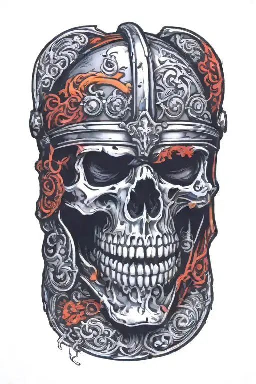 a knight's skull in a helmet adorned with engravings tattoo design idea