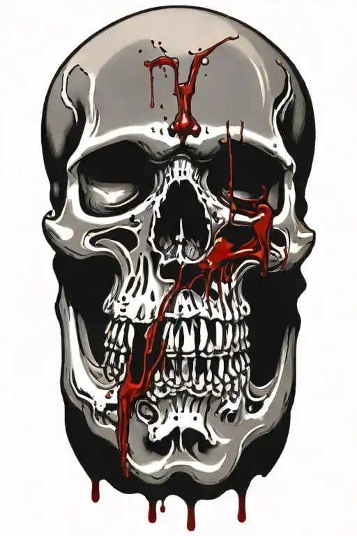 a singular skull with a bullet hole in between its eyes, with blood dripping down from the bullet hole tattoo design idea