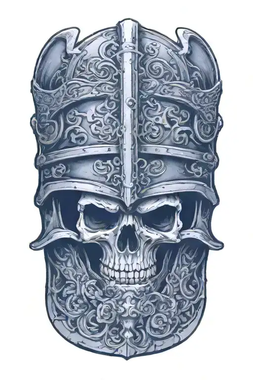 a knight's skull in a helmet adorned with engravings tattoo design idea