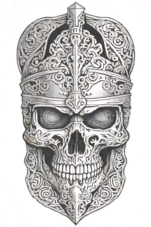 a knight's skull in a helmet adorned with engravings tattoo design idea