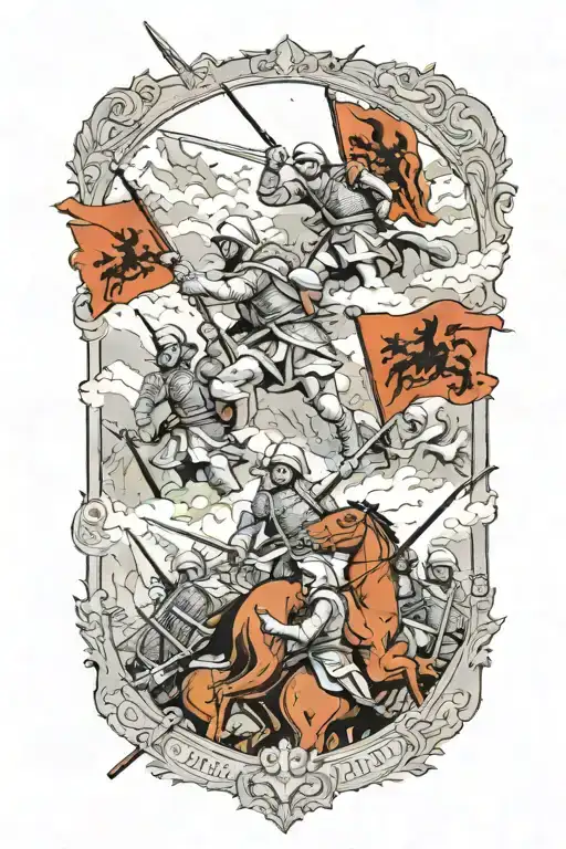 A detailed depiction of a famous ancient battlefield scene, with soldiers in formation and battle flags flying high tattoo design idea