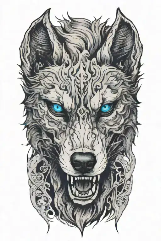 a wolf skull facing the front with no background behind it tattoo design idea