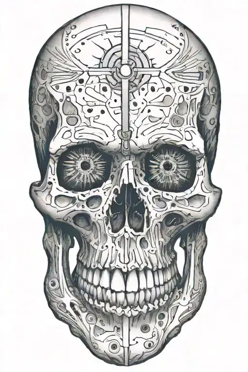 a singular skull with a bullet hole in between its eyes, with no background behind it tattoo design idea