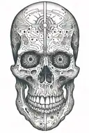 a singular skull with a bullet hole in between its eyes, with no background behind it tattoo design idea