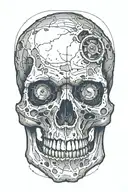 a singular skull with a bullet hole in between its eyes, with no background behind it tattoo design idea
