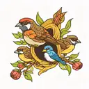 mother sparrow with 3 babies tattoo design idea