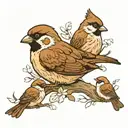 mother sparrow with 3 babies tattoo design idea