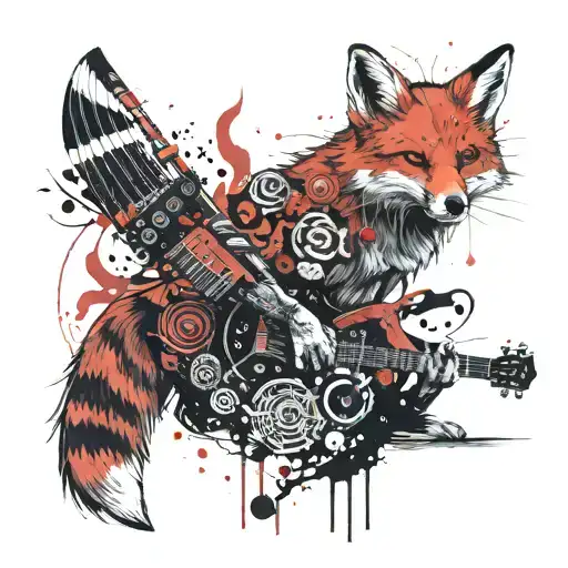 A fox playing a traditional Japanese instrument surrounded by eerie horror movie symbols tattoo design idea