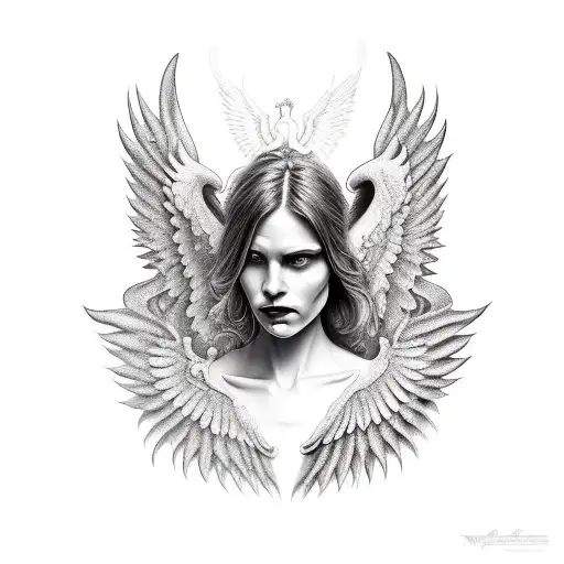 one woman demon and one woman angel both beautiful with the same face tattoo design idea