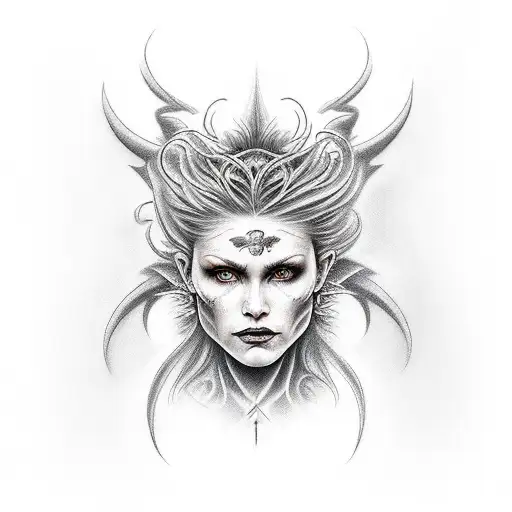 one woman demon and one woman angel both beautiful with the same face tattoo design idea