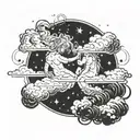 Make clouds with the gemini zodiac on the middle on the shoulder. Then put The creation of adam fingers on low bicep tattoo design idea
