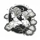 Make clouds with the gemini zodiac on the middle on the shoulder. Then put The creation of adam fingers on low bicep tattoo design idea