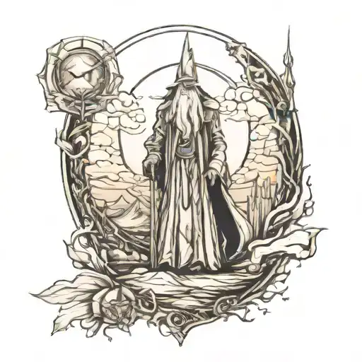 Sauron full body with dark tower in the background for tattoo design with Gandalf and other fellowship of the ring  tattoo design idea