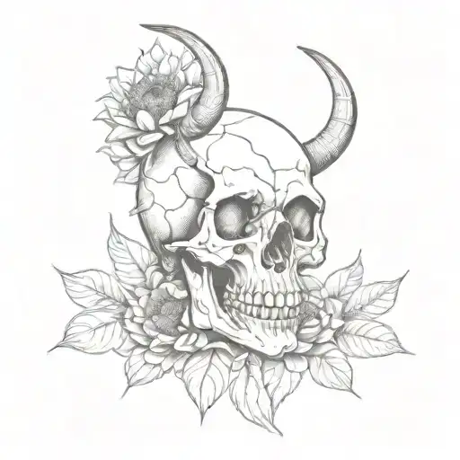 Skull with horns biting a sunflower tattoo design idea