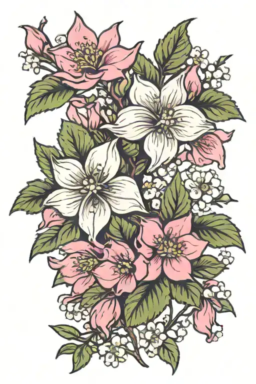 larkspur and pink dogwood flowers tattoo design idea