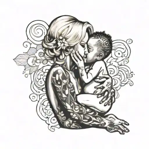nude blonde white girl kissing black babies tattoo design idea