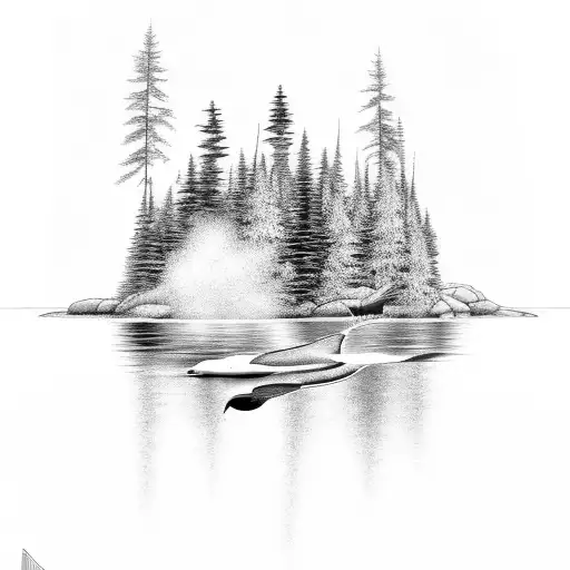 water scene with island that has pine trees and a loon in the water tattoo design idea