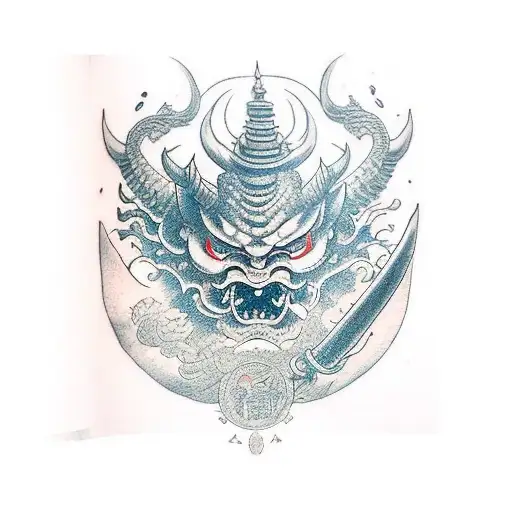 oni mask with sword and dragon tattoo design idea