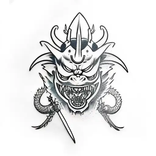 oni mask with sword and dragon tattoo design idea