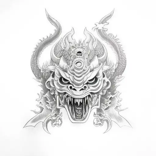 women wearing a broken oni mask woth sword and dragon tattoo design idea