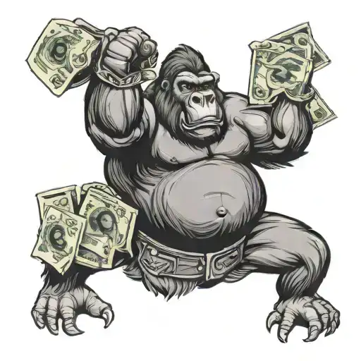 Silverback Gorilla flexing and smoking with money bags and signs tattoo design idea