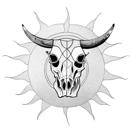 cow skull with sun over top tattoo design idea