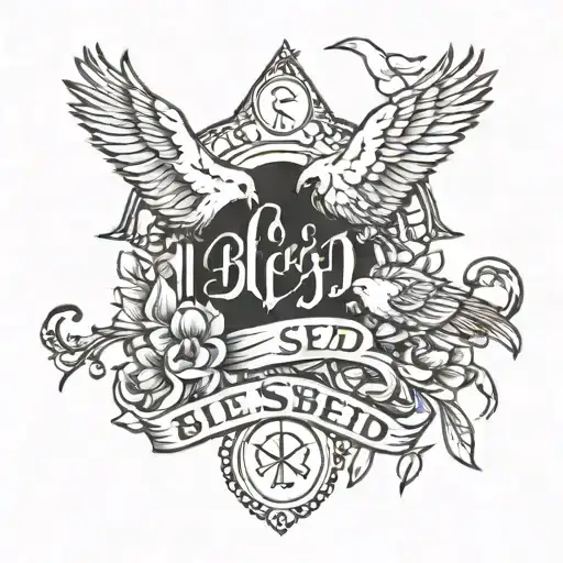 blessed lettering with birds around it tattoo design idea