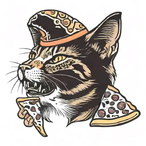 Funny cat with slice of pizza on head. tattoo design idea