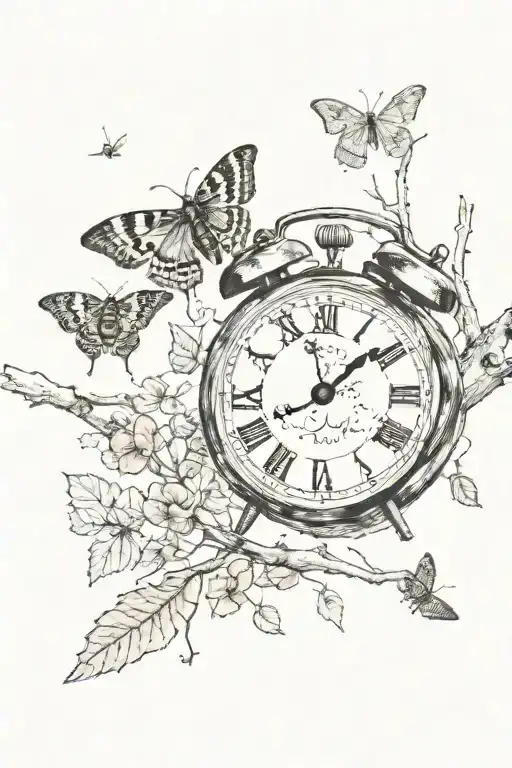 moth, tree branch and time running tattoo design idea