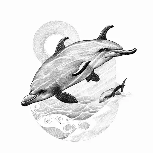 dolphin sun sea waves  tattoo design idea