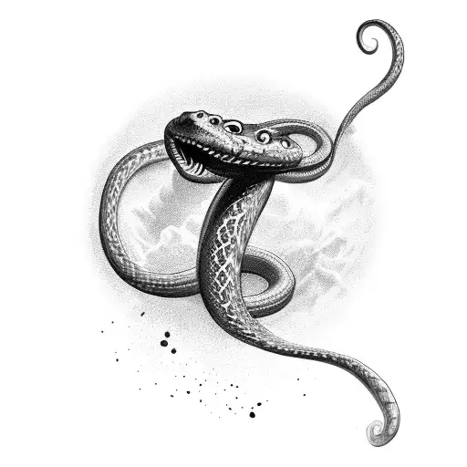 A mysterious snake coiling around a quill pen, ink dripping from its fangs tattoo design idea