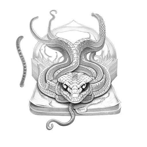 A spine-chilling snake crawling out of an open book with horror-themed illustrations tattoo design idea