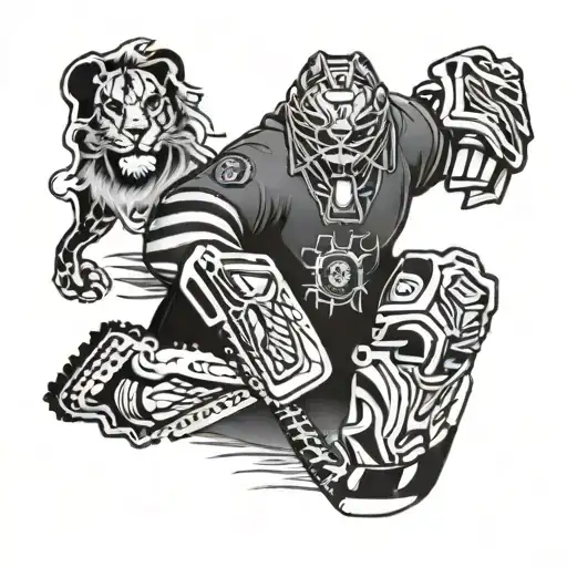 1997, Ice Hockey Goalie, Lion, Police Officer, on left thigh tattoo design idea