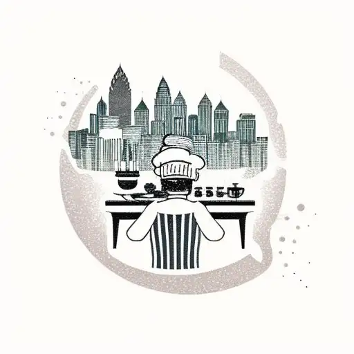 kitchen scene, chef cooking with pan over gas stove. skyline of Charlotte, Atlanta, New York inside pan  tattoo design idea