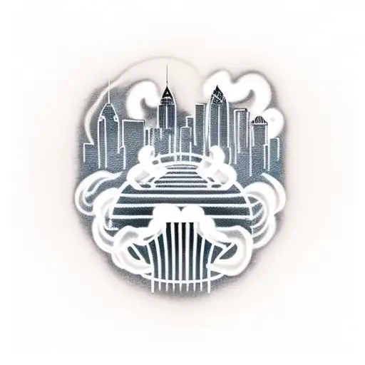 A grill with smoke billowing out, forming the skyline of Charlotte, Atlanta, and New York tattoo design idea
